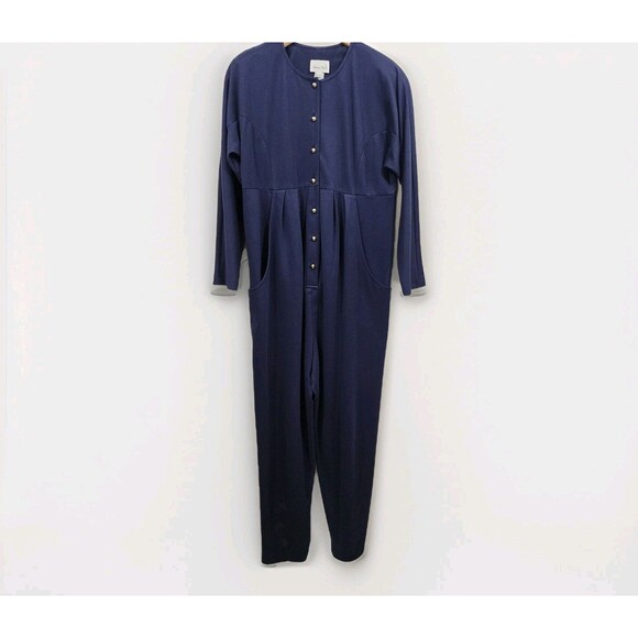 Mothers Work Pants - Mothers Work Vintage 80's Classic Knit Jumpsuit Navy Gold Button-down Womens 8